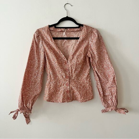 Free People Sienna Orange Floral Print Button Blouse - Picture 3 of 9